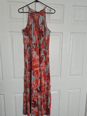 Maison Tara Coral Red Floral Halter Dress on Light Blue